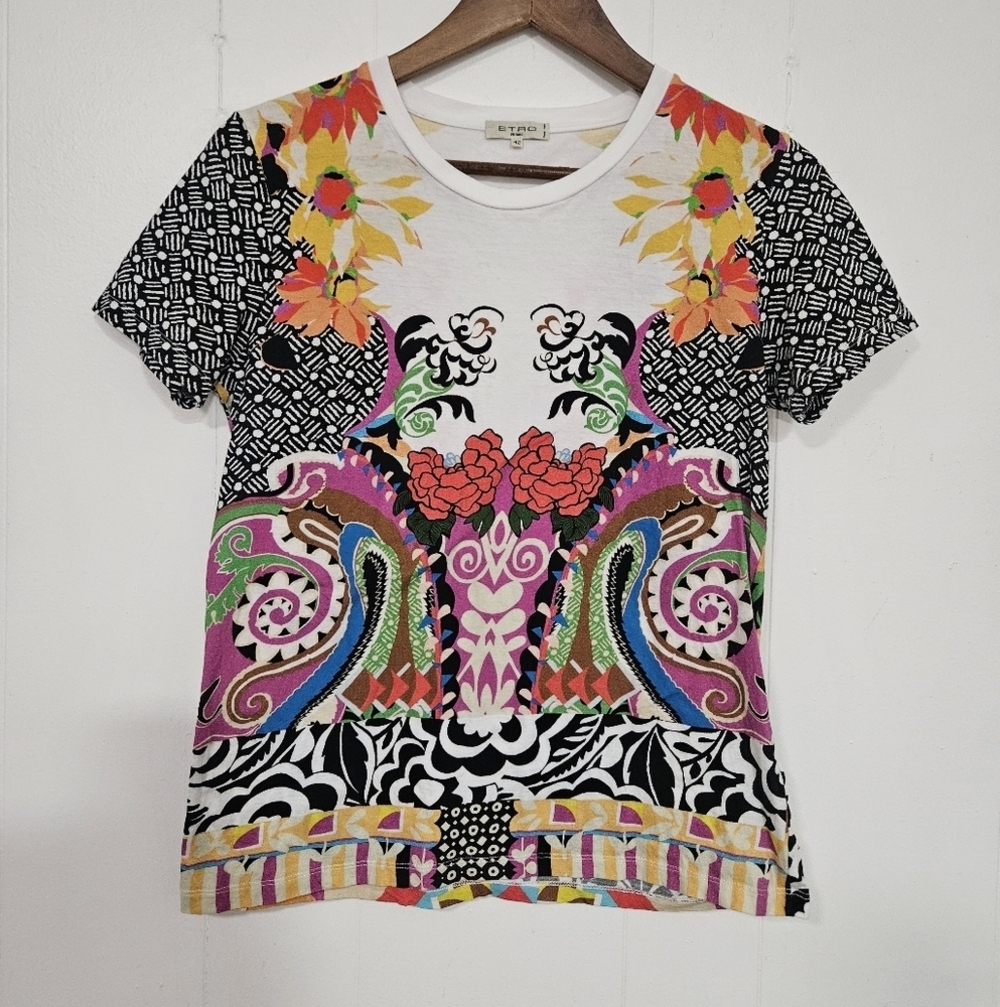 Etro Milano Womens Floral Print Short Sleeve Top Multicolor Size 42